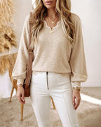 Lantern-Sleeve V-Neck Scallop-Trim Sweater — Noélla Montréal