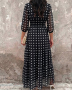 Chiffon Button-Up Lantern-Sleeve Maxi Dress