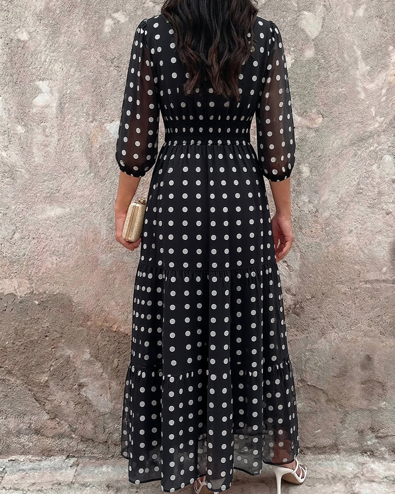 Chiffon Button-Up Lantern-Sleeve Maxi Dress
