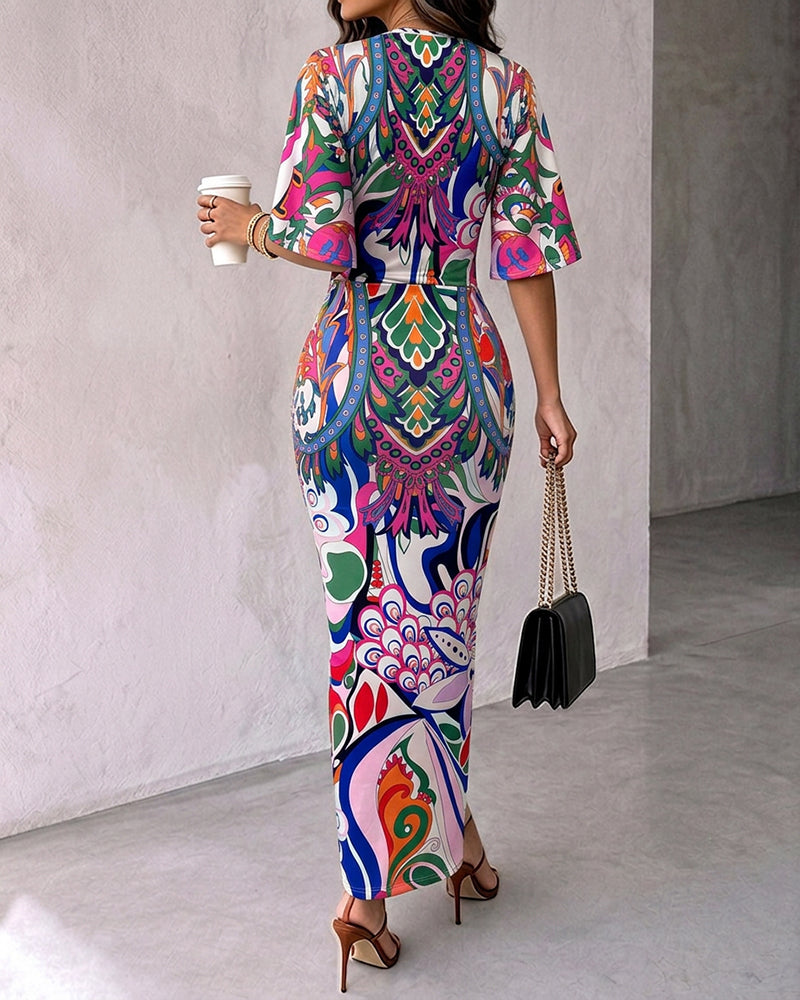 Abstract-Print V-Neck Ruched Maxi Dress