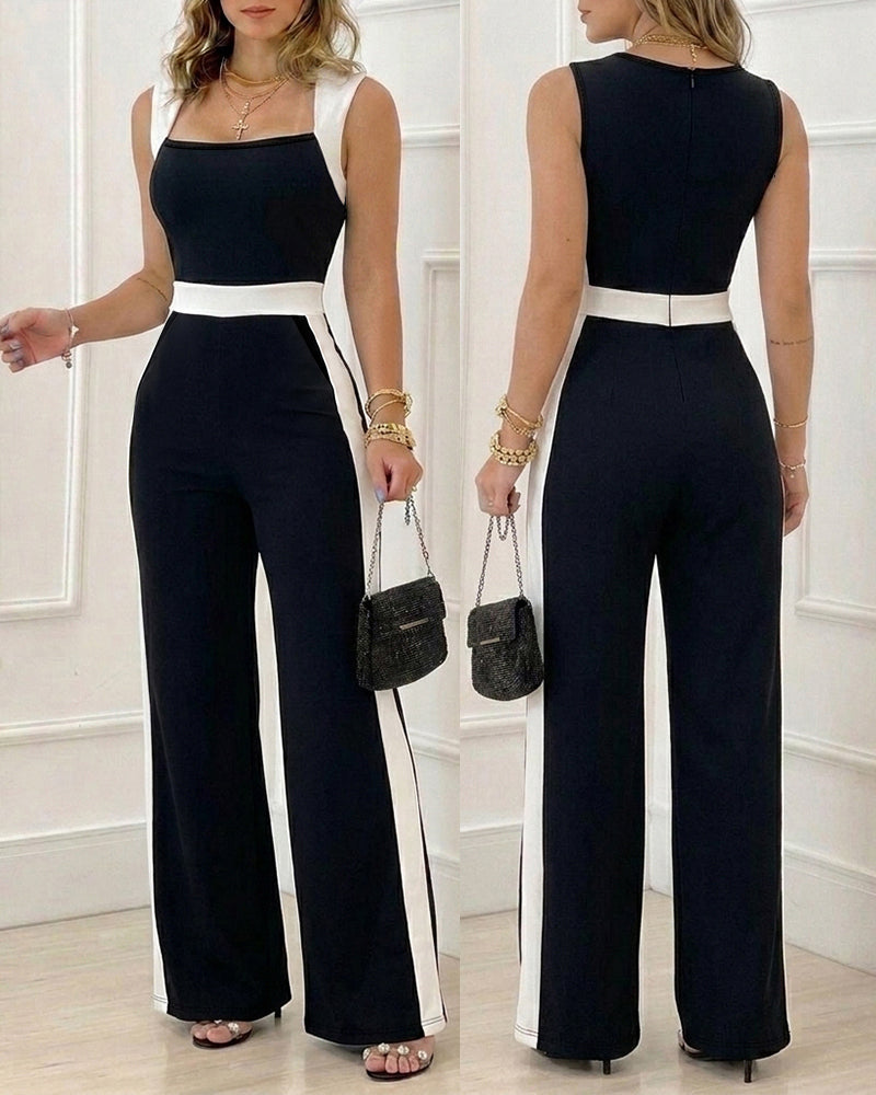Colorblock Square-Neck Wide-Leg Jumpsuit