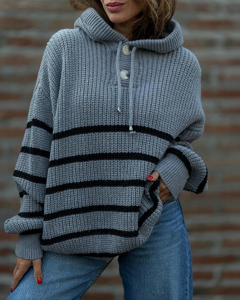 Striped Lantern-Sleeve Hooded Sweater