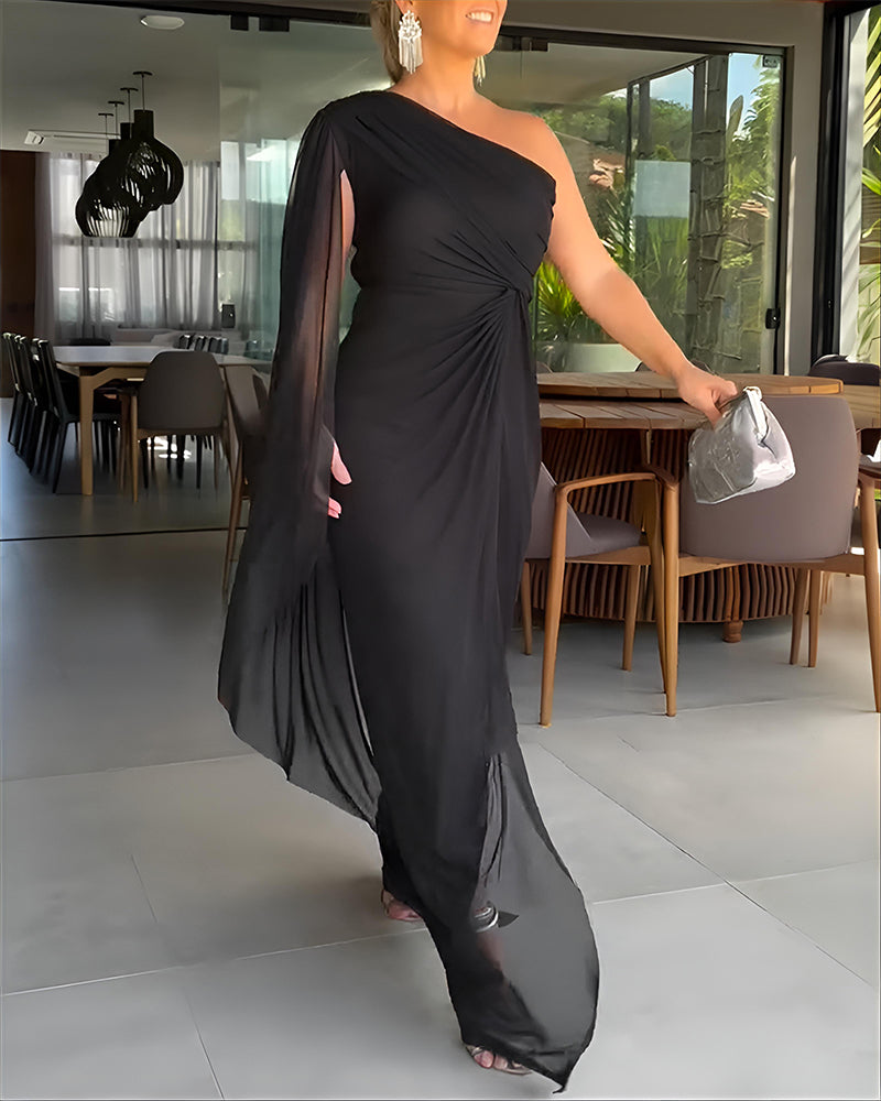 One-Shoulder Ruched Slit Dress