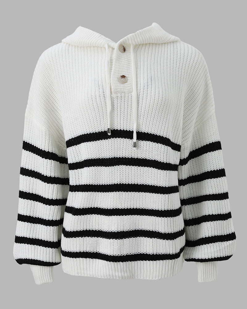 Striped Lantern-Sleeve Hooded Sweater
