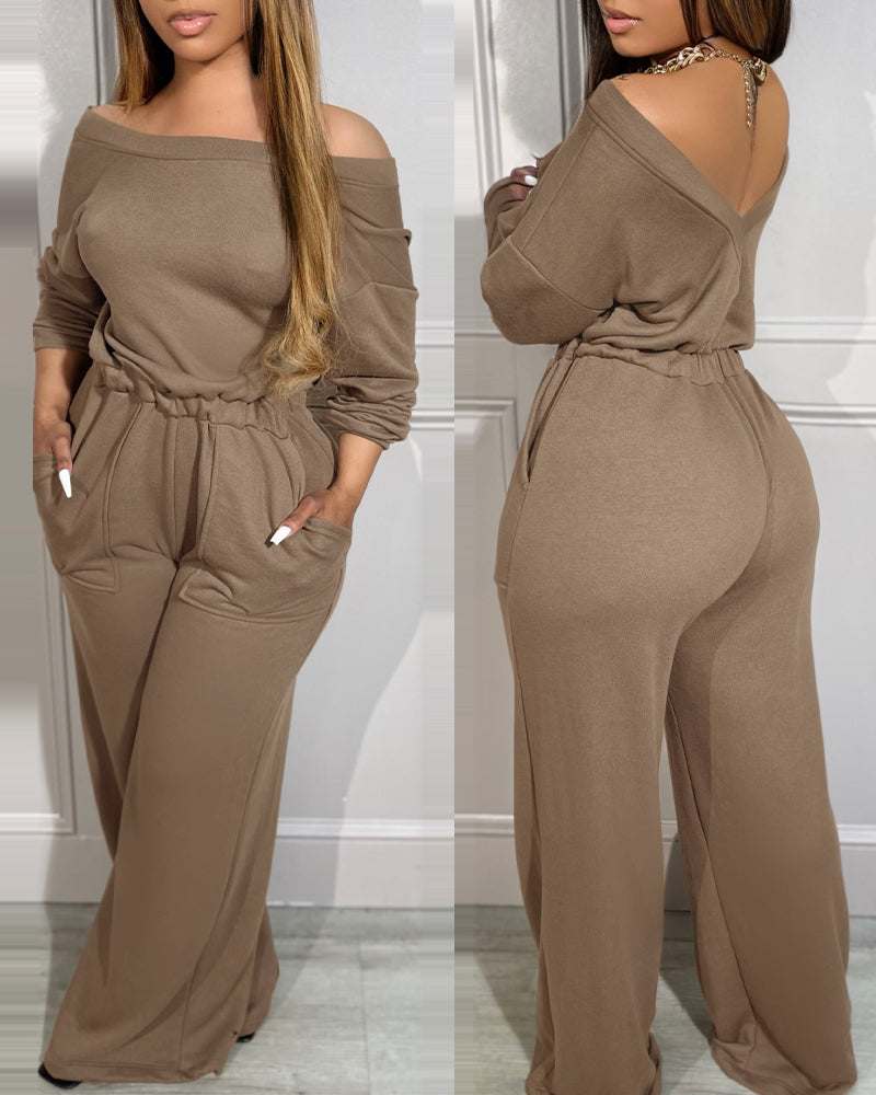 Off-Shoulder Wide-Leg Drop-Shoulder Jumpsuit