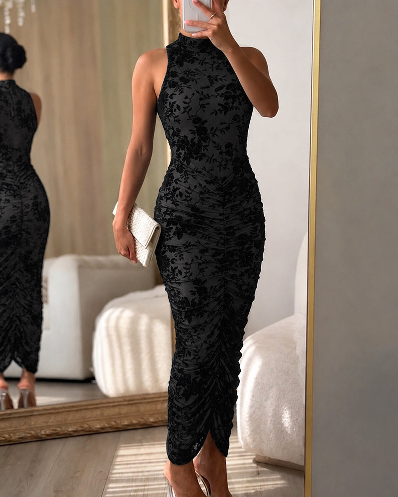 Floral Mock-Neck Ruched Midi Dress — Noélla Montréal