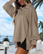 Snap-Button Drop-Shoulder Slit Sweatshirt
