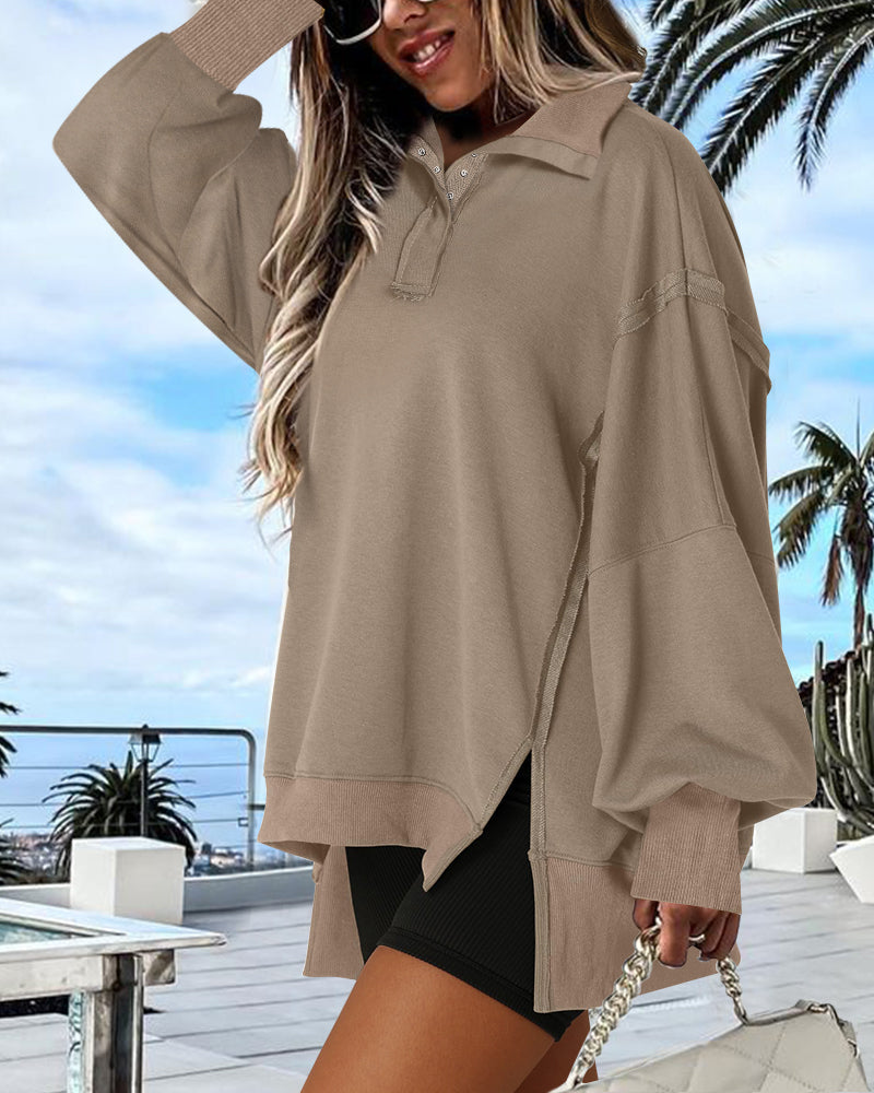 Snap-Button Drop-Shoulder Slit Sweatshirt