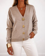Gold-Button V-Neck Pocket Cardigan — Noélla Montréal