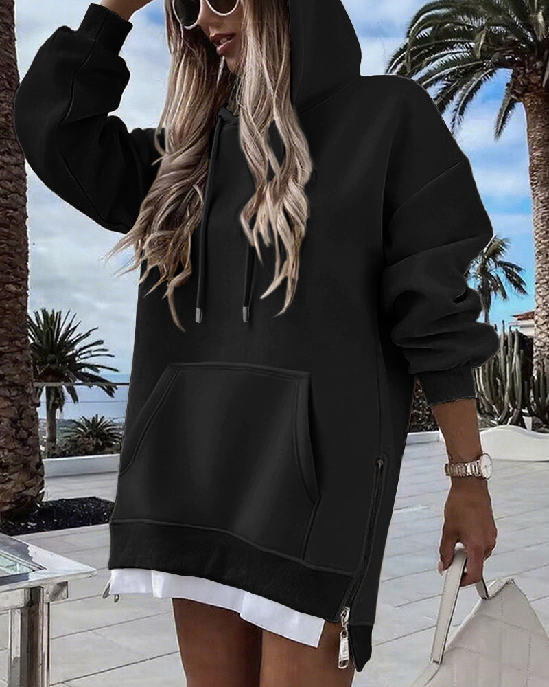 Drawstring Pocket Slit Hoodie