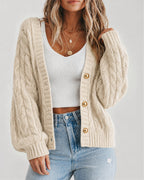 Cable-Knit Lantern-Sleeve V-Neck Cardigan — Noélla Montréal