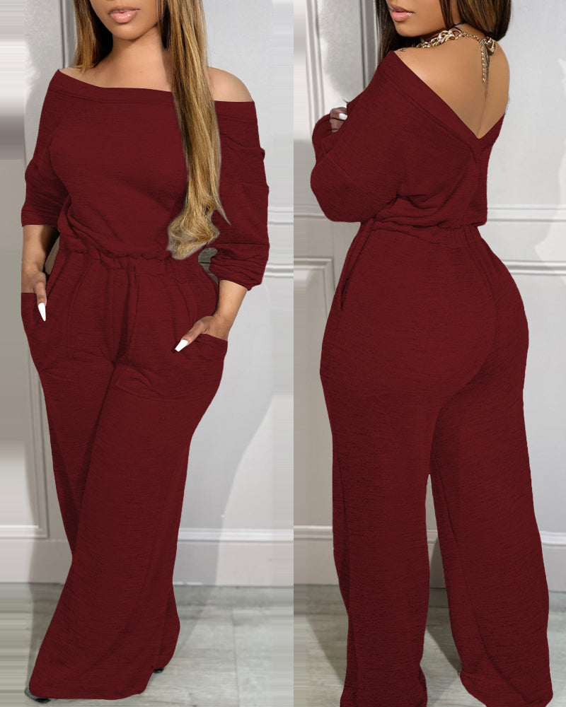 Off-Shoulder Wide-Leg Drop-Shoulder Jumpsuit