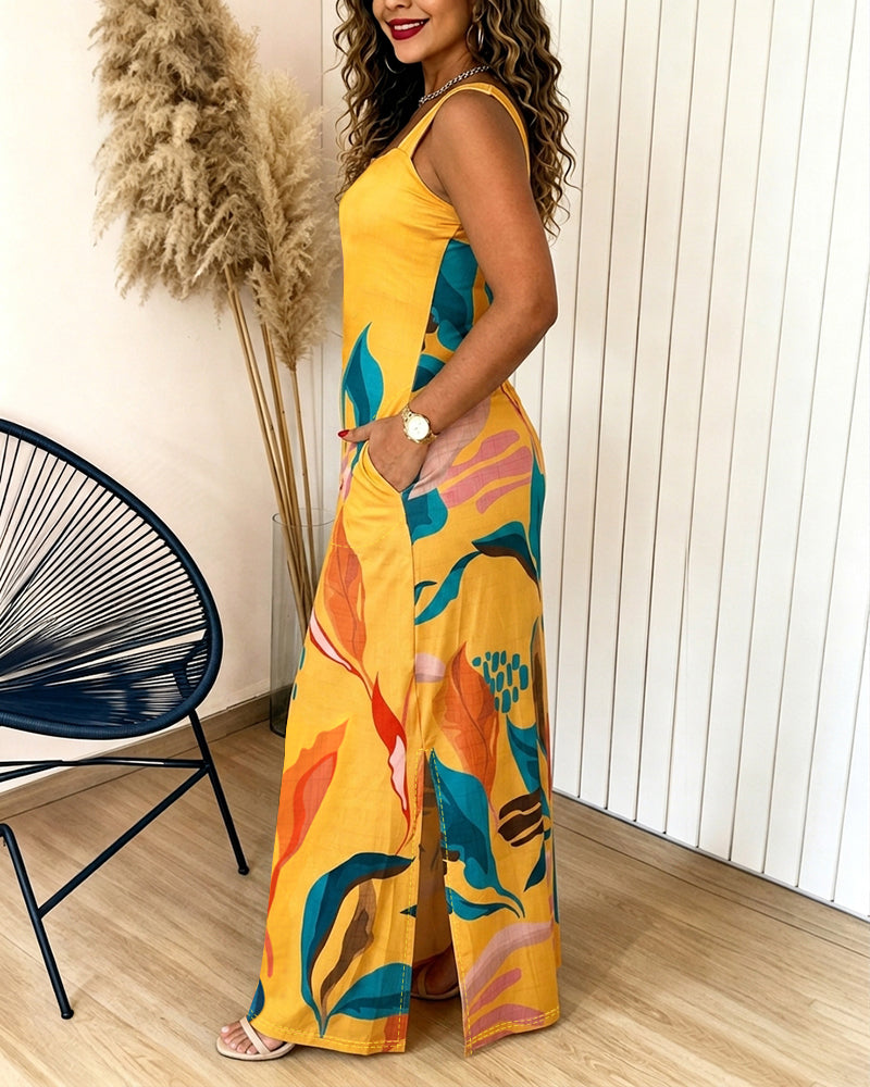 Square-Neck Pocket Slit Maxi Dress