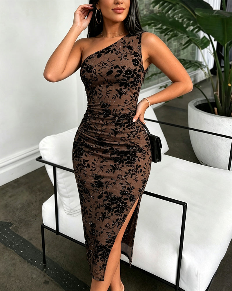 Floral One-Shoulder Ruched Dress