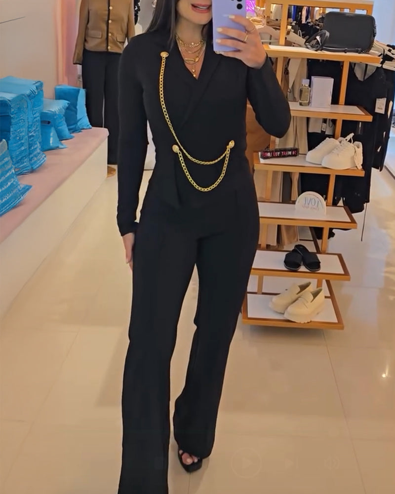 V-Neck Slit Chain Jumpsuit
