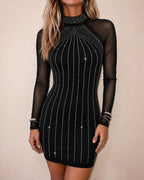 Rhinestone Mock-Neck Mesh Mini Dress