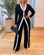 V-Neck Wide-Leg Contrast Jumpsuit — Noélla Montréal