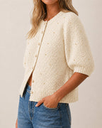 Bouclé Beaded Button-Up Cardigan