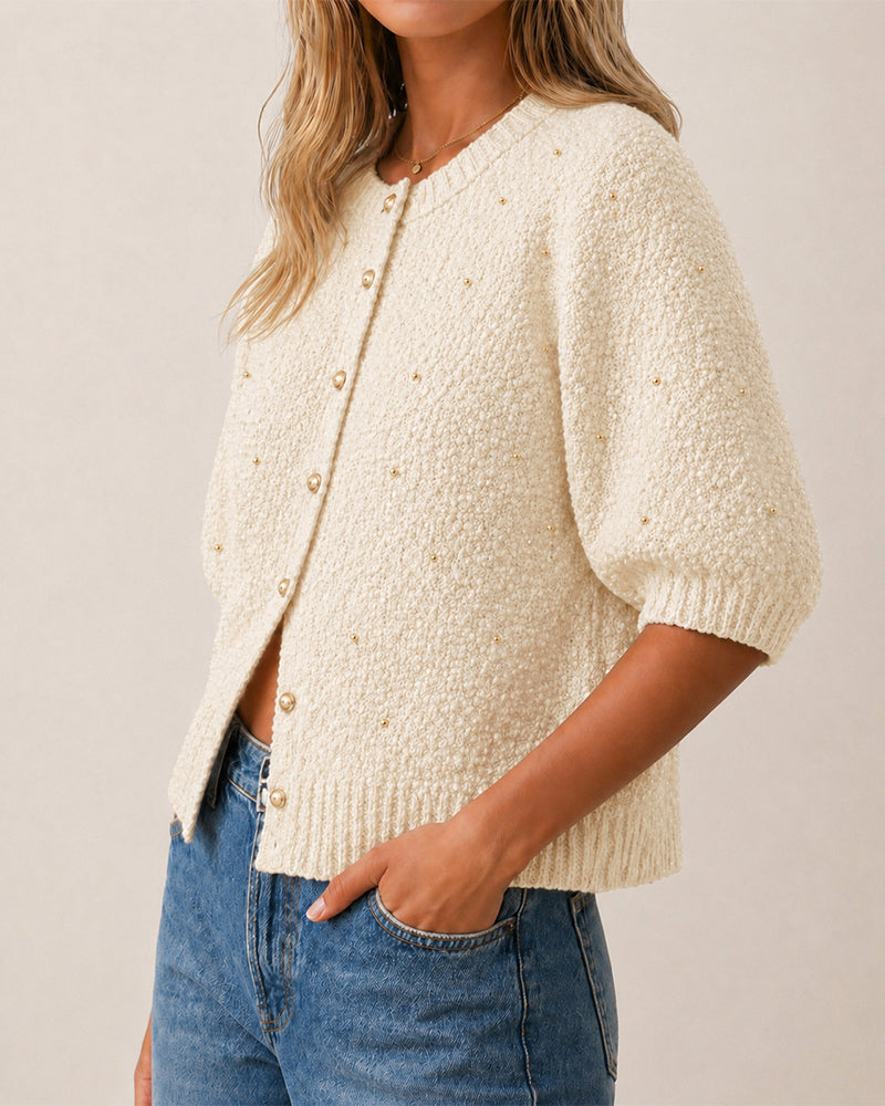 Bouclé Beaded Button-Up Cardigan