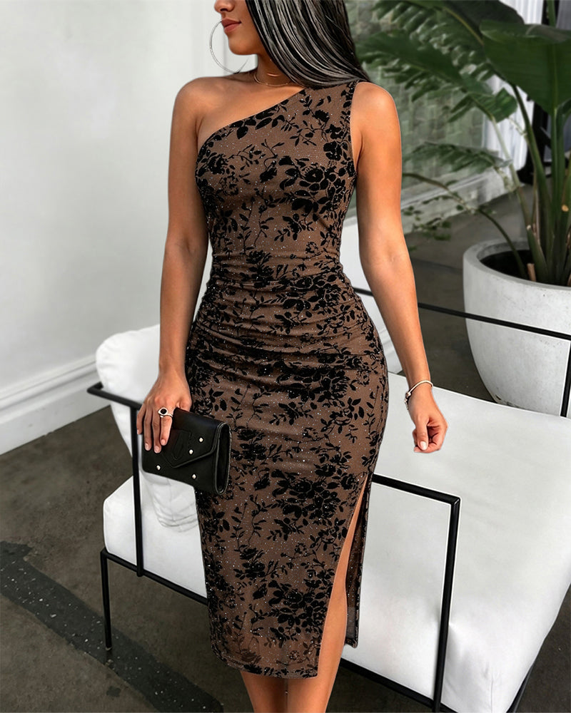 Floral One-Shoulder Ruched Dress