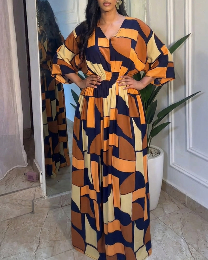 Colorblock Geometric V-Neck Jumpsuit