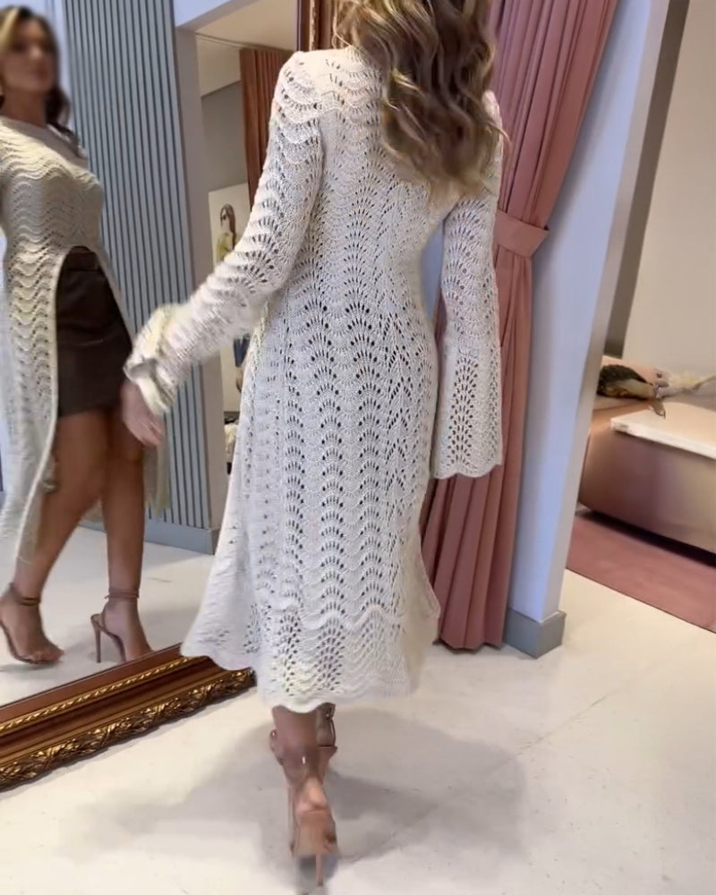 Bell-Sleeve Scallop-Trim Asymmetrical Sweater