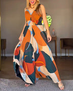 Abstract-Print V-Neck Backless Jumpsuit