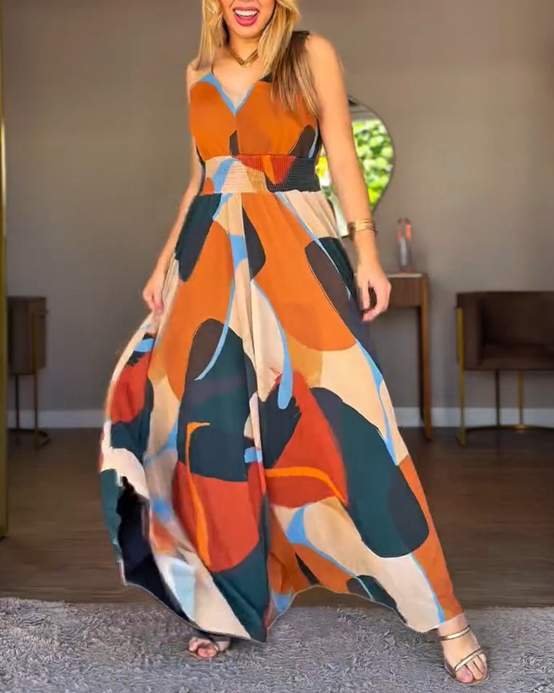 Abstract-Print V-Neck Backless Jumpsuit