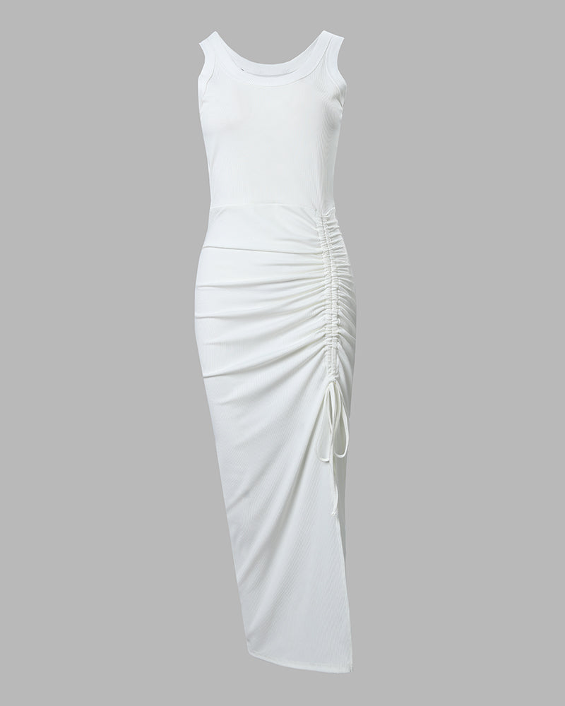 Ribbed Ruched Drawstring Maxi Dress