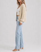 Cable-Knit Lantern-Sleeve V-Neck Cardigan — Noélla Montréal