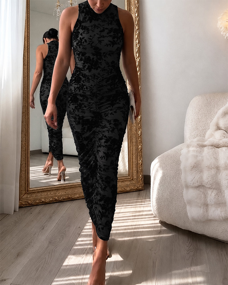Floral Mock-Neck Ruched Midi Dress — Noélla Montréal