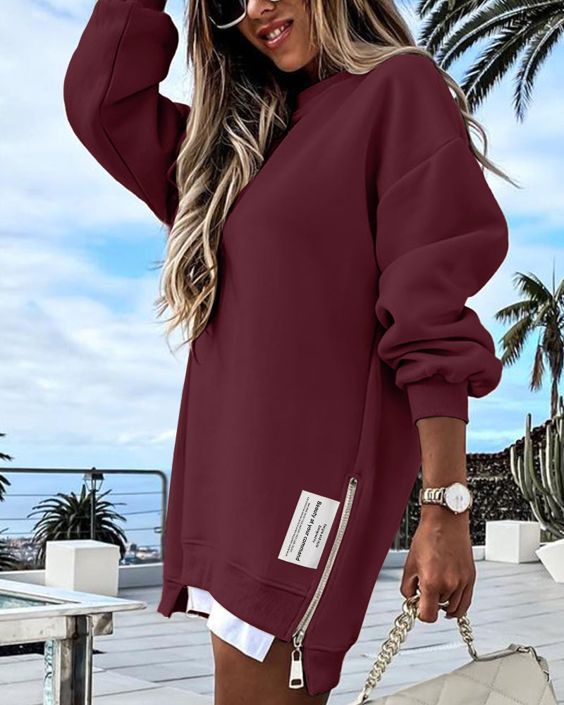 Drop-Shoulder Slit Zip Sweatshirt