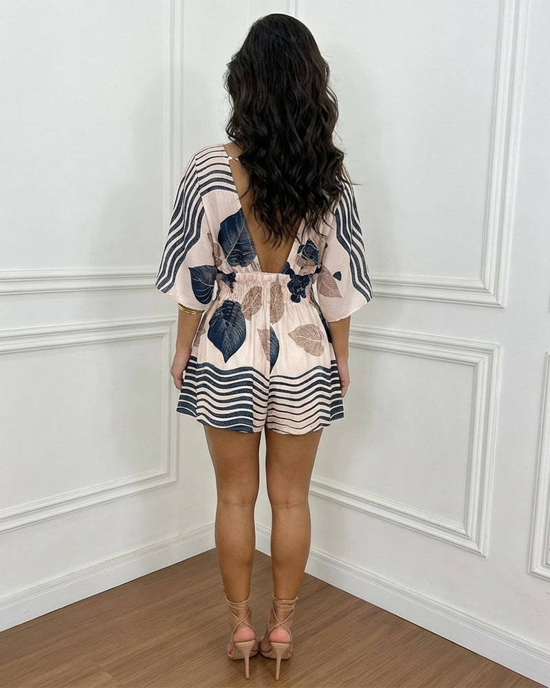 Striped V-Neck Backless Romper
