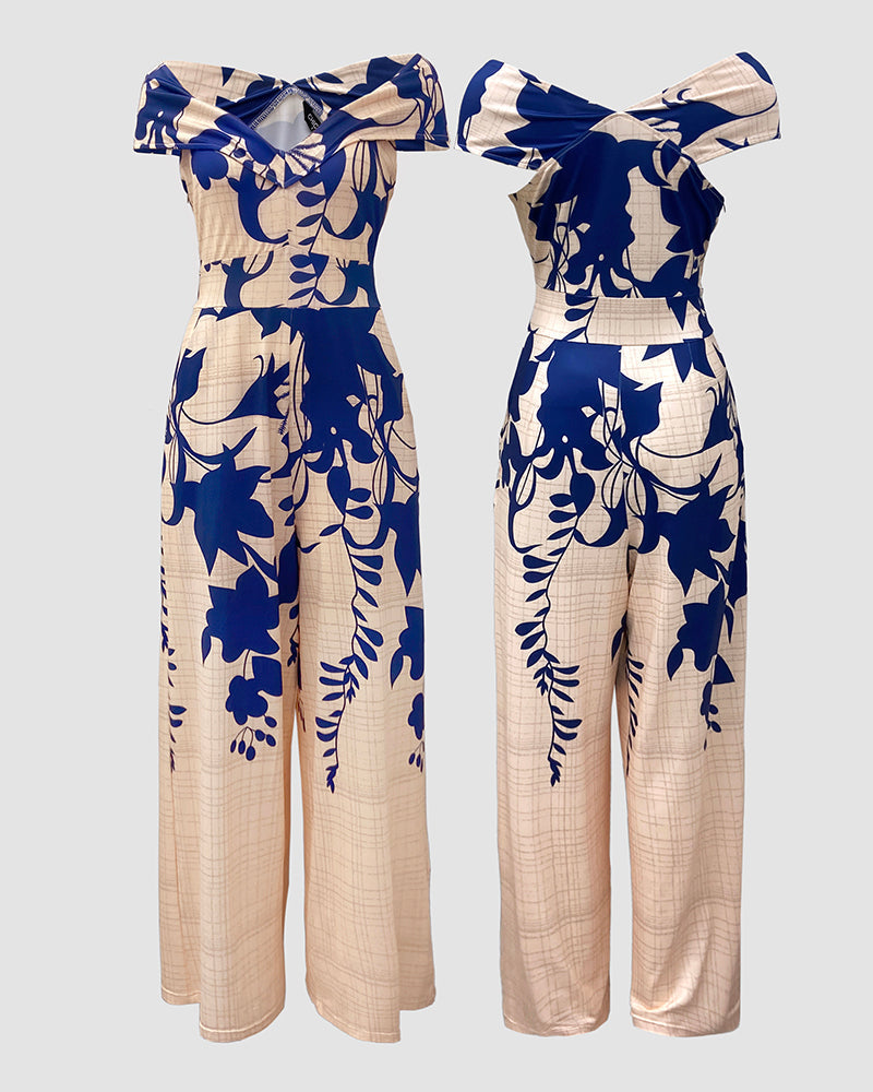 Floral Off-Shoulder V-Neck Jumpsuit