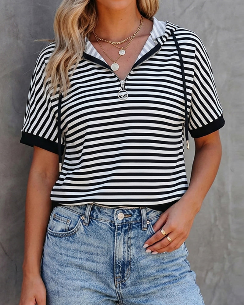 Striped Half-Zip Drawstring Hoodie