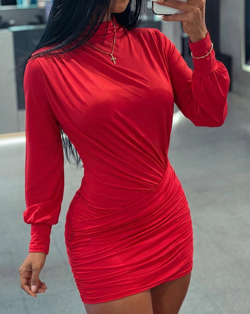 Lantern-Sleeve Mock-Neck Wrap Mini Dress — Noélla Montréal