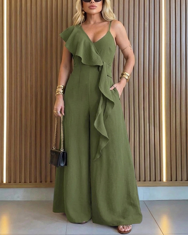 V-Neck Backless Ruffle Jumpsuit