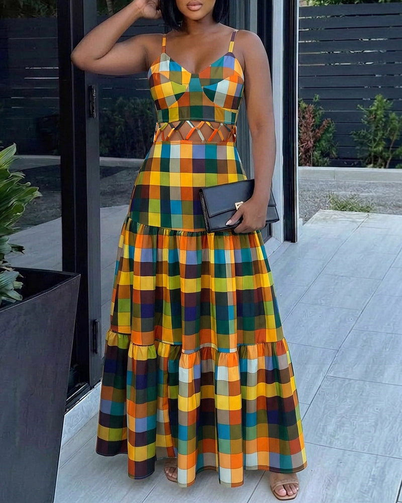 Colorblock Plaid V-Neck Maxi Dress