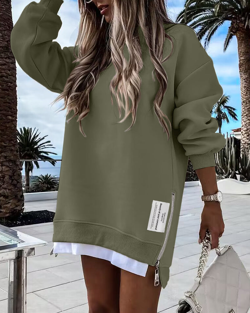 Drop-Shoulder Slit Zip Sweatshirt