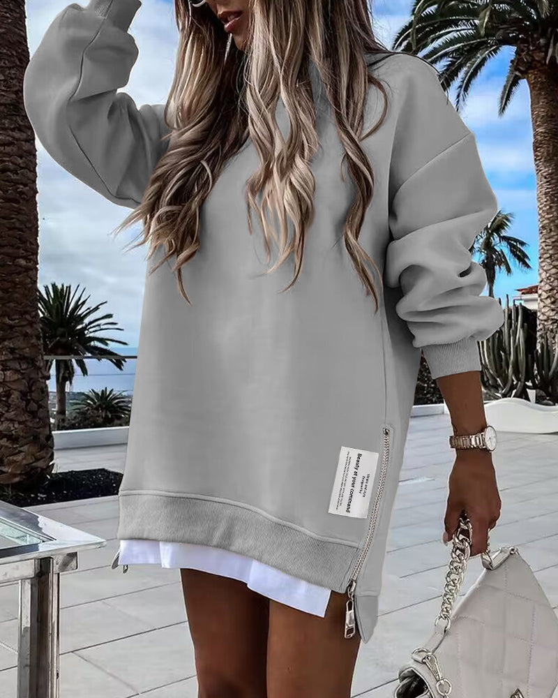 Drop-Shoulder Slit Zip Sweatshirt