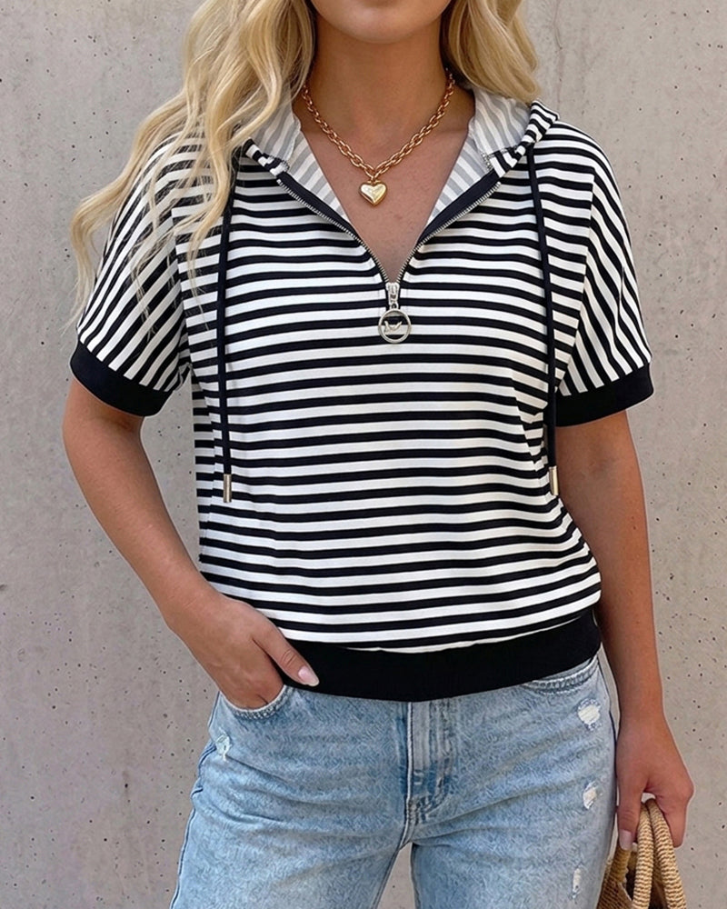 Striped Half-Zip Drawstring Hoodie