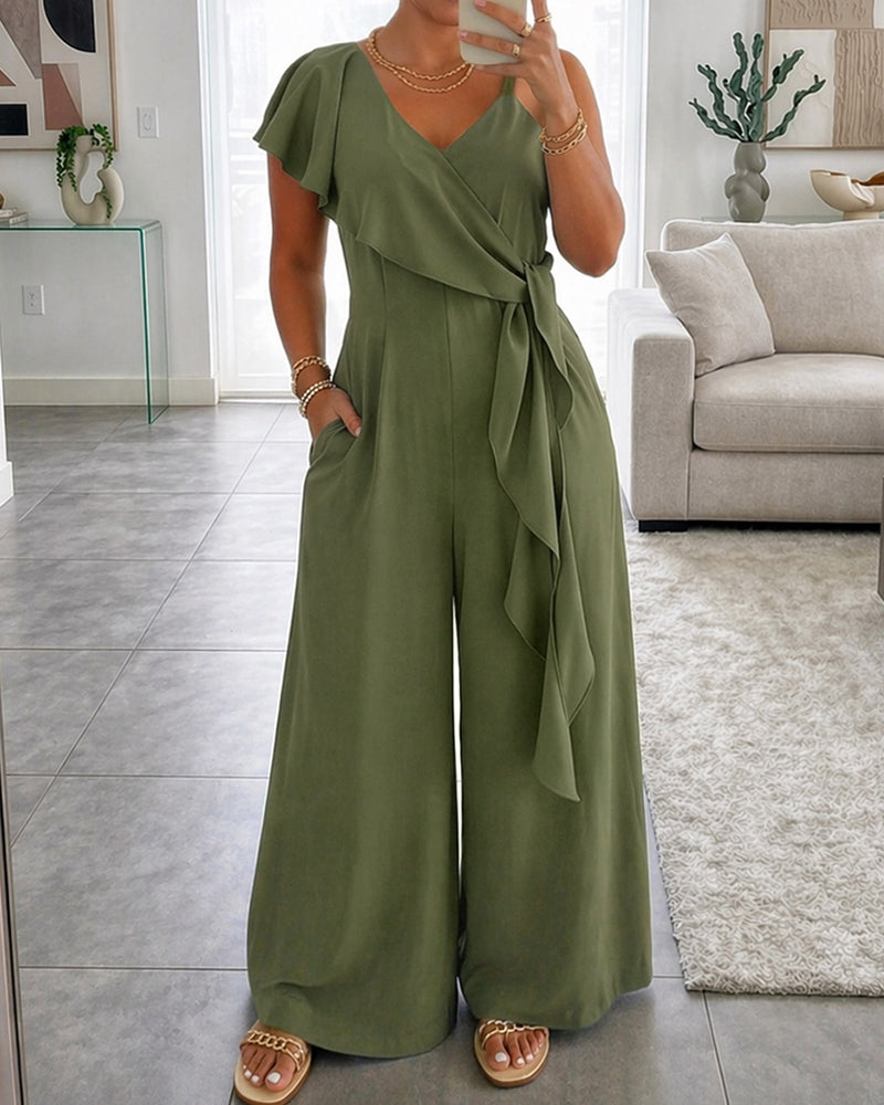 V-Neck Backless Ruffle Jumpsuit