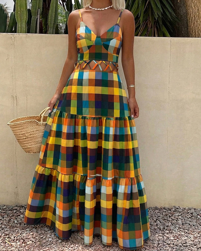 Colorblock Plaid V-Neck Maxi Dress
