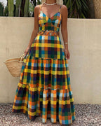 Colorblock Plaid V-Neck Maxi Dress