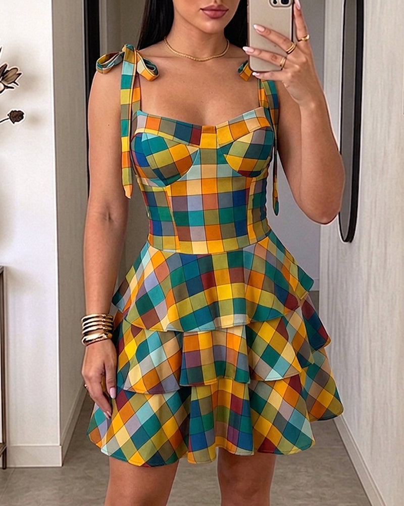 Colorblock Plaid Backless Mini Dress