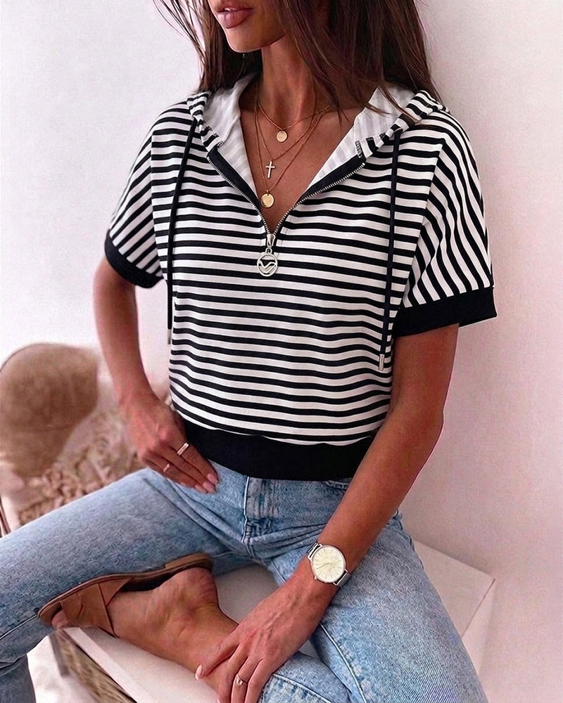 Striped Half-Zip Drawstring Hoodie