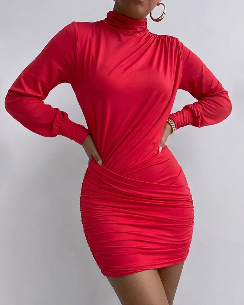 Lantern-Sleeve Mock-Neck Wrap Mini Dress — Noélla Montréal