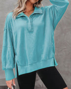 Snap-Button Drop-Shoulder Slit Sweatshirt