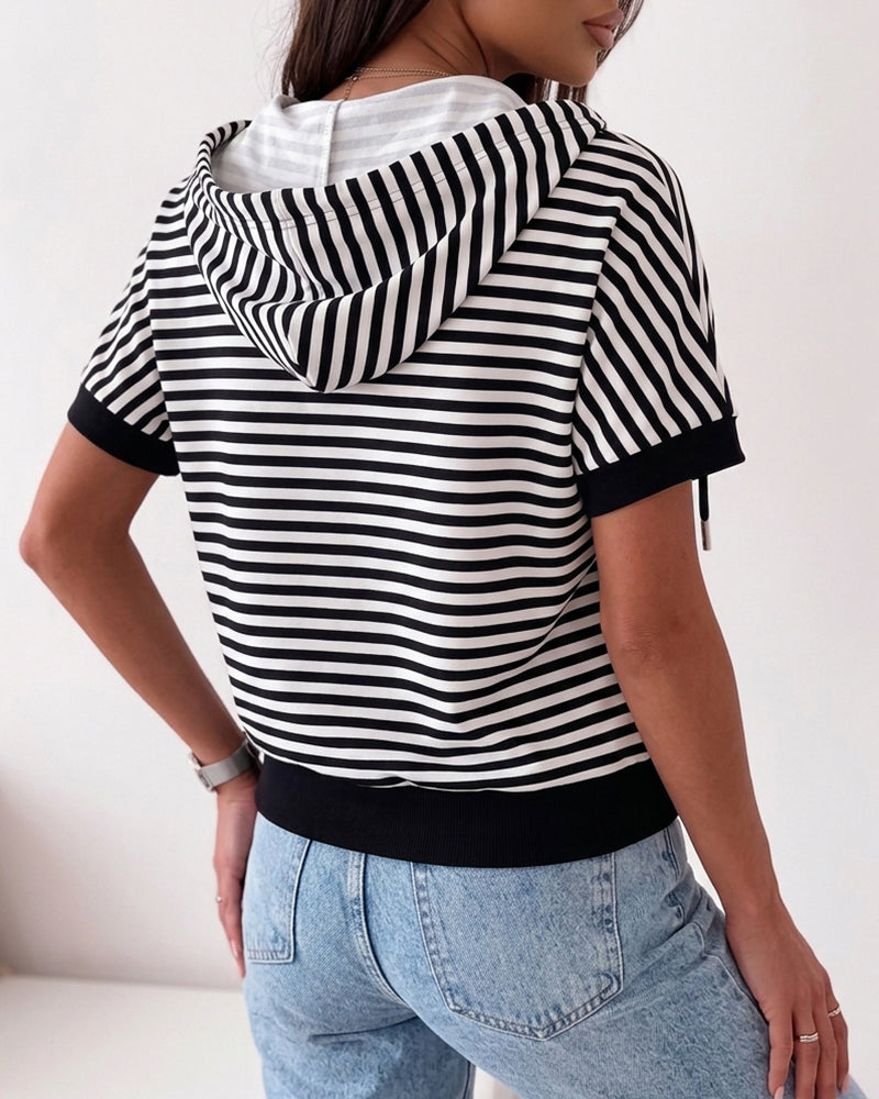 Striped Half-Zip Drawstring Hoodie