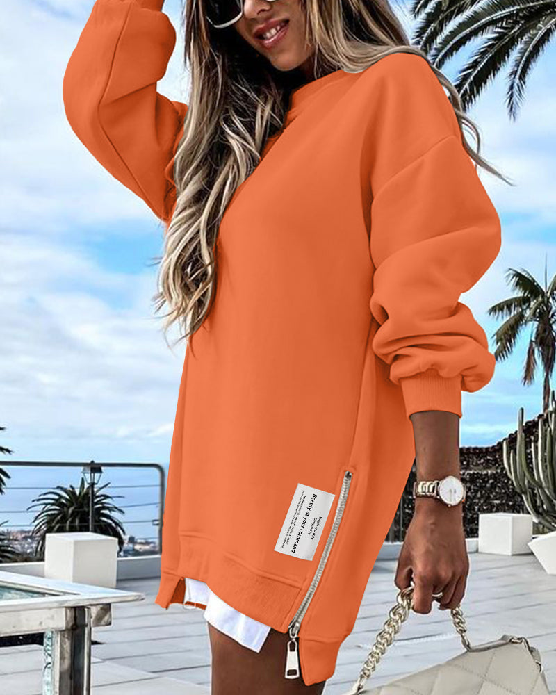 Drop-Shoulder Slit Zip Sweatshirt